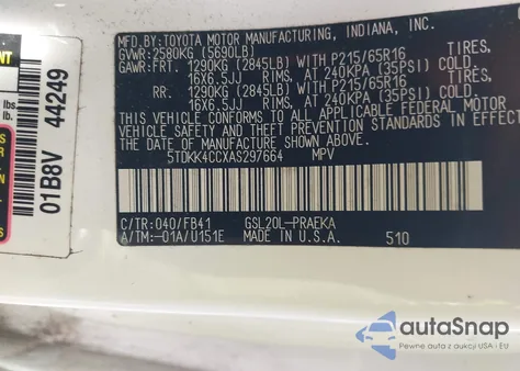 2010 Toyota Sienna Ce z USA, uszkodzony, nr VIN 5TDKK4CCXAS297664